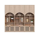 Wooden Decorative Cabinet With Multiple Shelves Doors Displaying Vases Small Plants And Decorative Items