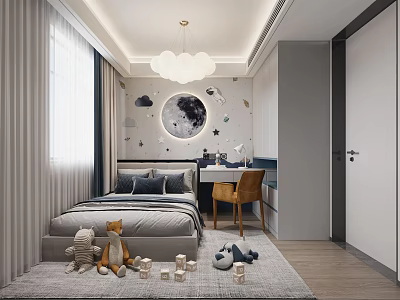 Cozy Kids Room Interior With Moon Cloud Decor Stuffed Toys Bed Desk And Chair 3d model