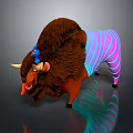 Brown Bull With Colorful Striped Outfit And Small Blue Character On Back