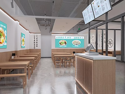 Simple Casual Restaurant Interior With Wooden Tables Benches Menu Posters And Order Counter 3d model