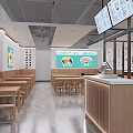Simple Casual Restaurant Interior With Wooden Tables Benches Menu Posters And Order Counter