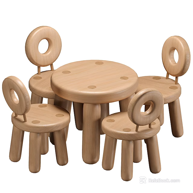 Wooden Kids Round Table and Chairs Set with Circular Backrest Design for Playroom 3d model 