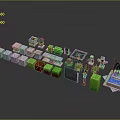 Cartoon Pixel Style Scene With Block Buildings Various Colored Blocks Green Plants And Fountain