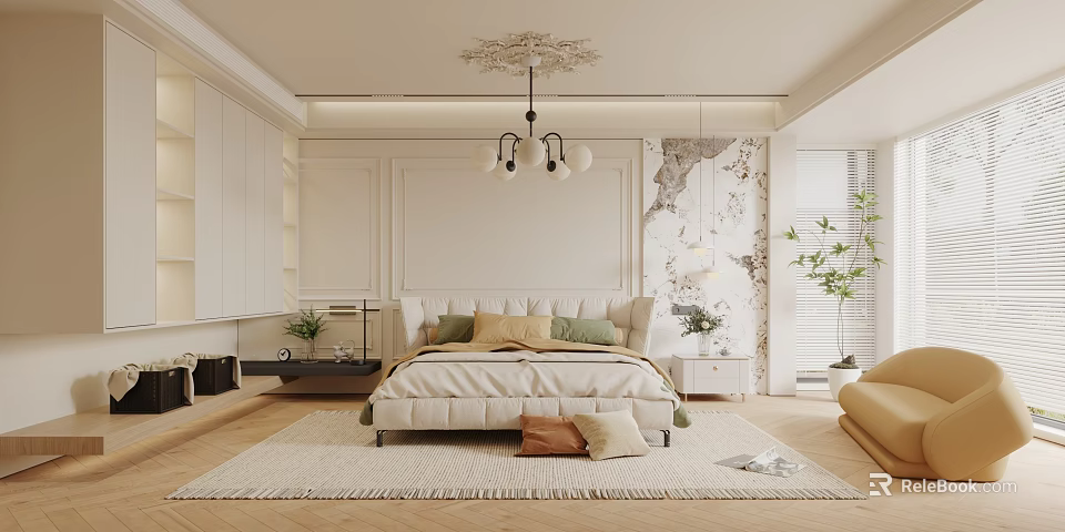 Modern Bedroom Interior Design With White Bed Chandelier Rug And Wall Art 3d model 
