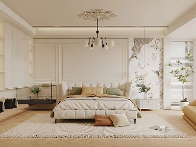 Modern Bedroom Interior Design With White Bed Chandelier Rug And Wall Art 3d model