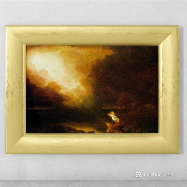 Photo Wall Displaying Golden Framed Painting With Warm Sunset Glow And Waterfront Figure 3d model 