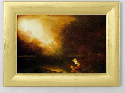 Photo Wall Displaying Golden Framed Painting With Warm Sunset Glow And Waterfront Figure 3d model