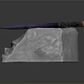 Purple Sword With Golden Hilt And Black Decorative Accents On White Stone