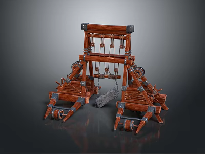 Ancient Medieval Siege Catapult Weapon with Wooden Frame Wheels Chains and Stone Projectile 3d model