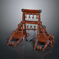 Ancient Medieval Siege Catapult Weapon with Wooden Frame Wheels Chains and Stone Projectile