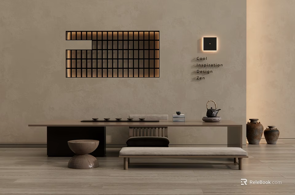 Zen Style Tea Table And Chairs With Grid Wall Design Tea Set And Clay Jars 3d model 