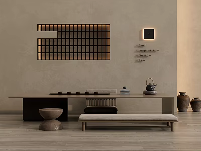 Zen Style Tea Table And Chairs With Grid Wall Design Tea Set And Clay Jars 3d model