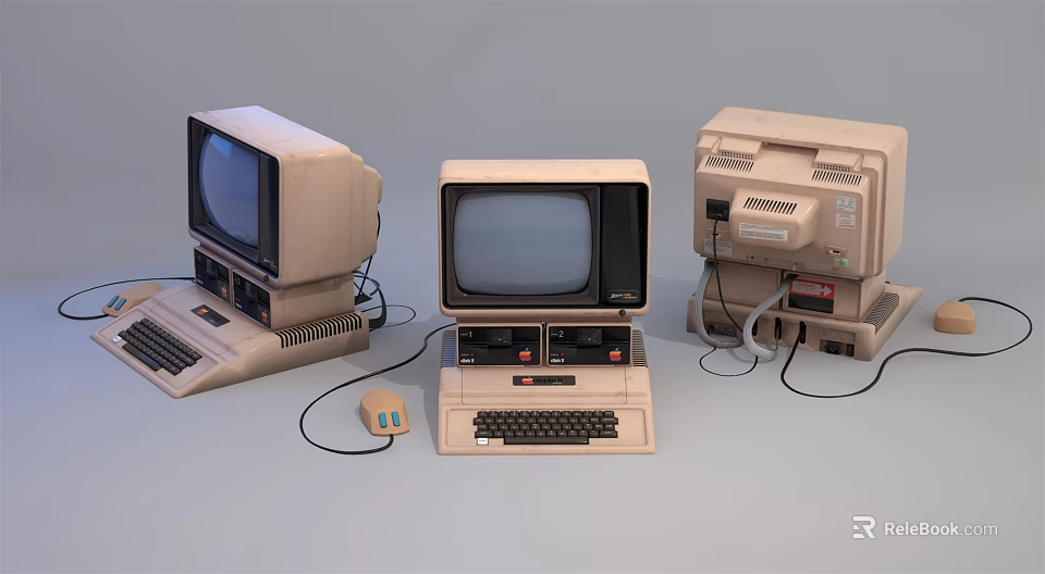 Vintage Retro Classic Desktop Computers with Old Fashioned Monitors and Keyboards 3d model 