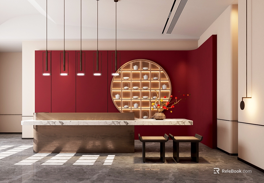 Modern Reception Desk With Red Walls Circular Display Shelf Marble Countertop And Hanging Lights 3d model 