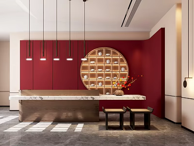 Modern Reception Desk With Red Walls Circular Display Shelf Marble Countertop And Hanging Lights 3d model