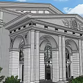 Classical European Architecture Featuring Grand Columns Symmetrical Pediment and Landscaped Steps