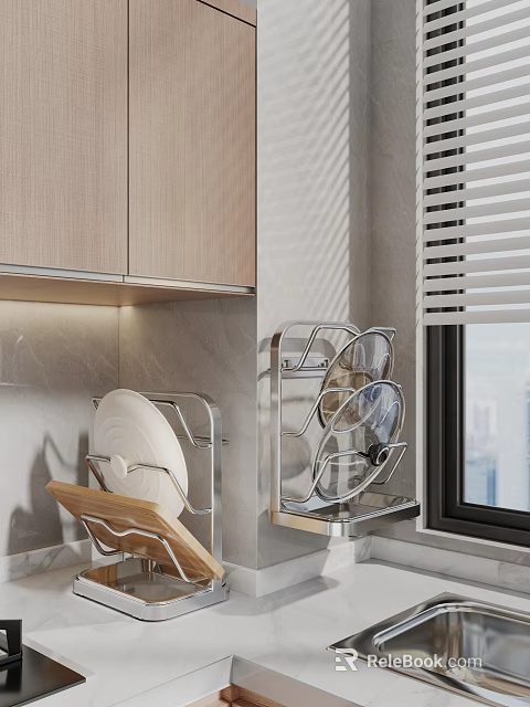 Modern Kitchen Dishware Set With Wall Mounted Metal Dish Rack And Cabinets 3d model 