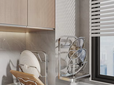 Modern Kitchen Dishware Set With Wall Mounted Metal Dish Rack And Cabinets 3d model