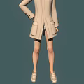 3D Model Anime Character Girl With Green Eyes Pigtails And Blue Ribbon In Beige Coat Standing Pose