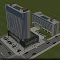 Modern High Rise and Low Rise Office Building with Parking Lot Road and Green Lawn