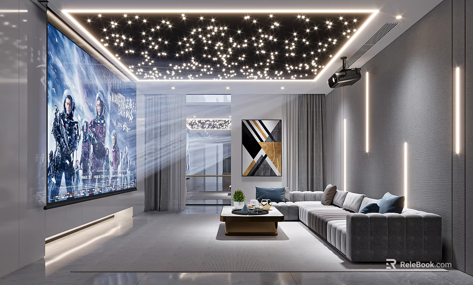 Modern Home Theater With Starry Ceiling And Large Screen 3d model