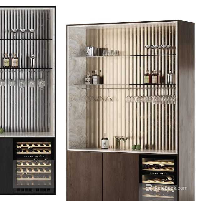 Modern Wine Cabinet Design With Glass Shelves Wine Bottles And Hanging Glasses 3d model 