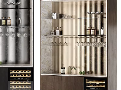 Modern Wine Cabinet Design With Glass Shelves Wine Bottles And Hanging Glasses 3d model