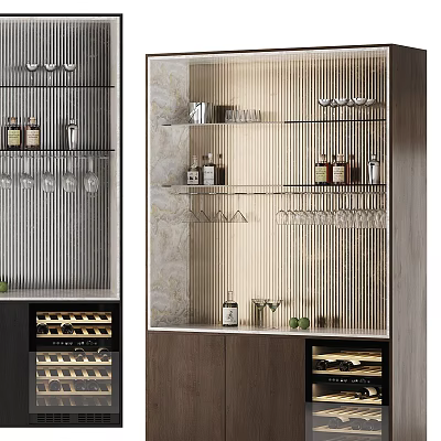 Modern Wine Cabinet Design With Glass Shelves Wine Bottles And Hanging Glasses 3d model