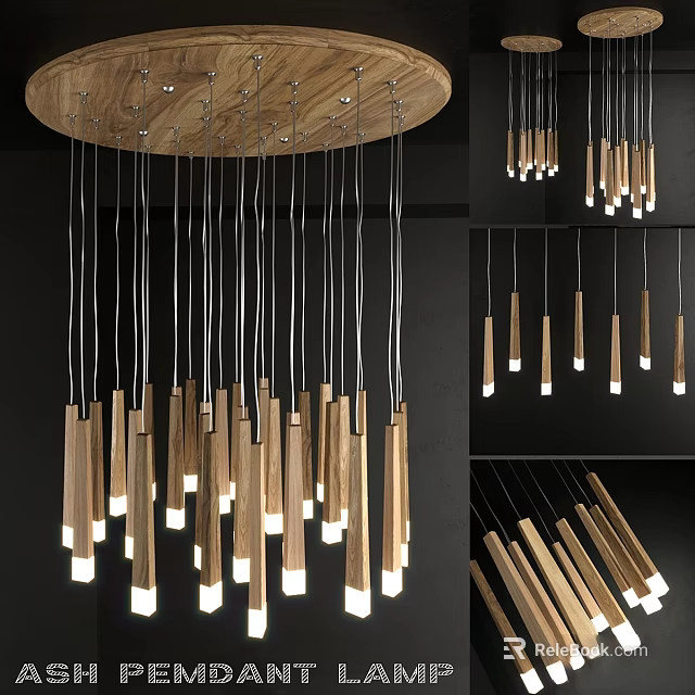 Modern Sleek Wooden Metal Chandelier With Multiple Hanging Pendant Lights For Interior Ceiling Decor 3d model 