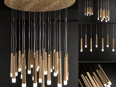 Modern Sleek Wooden Metal Chandelier With Multiple Hanging Pendant Lights For Interior Ceiling Decor 3d model