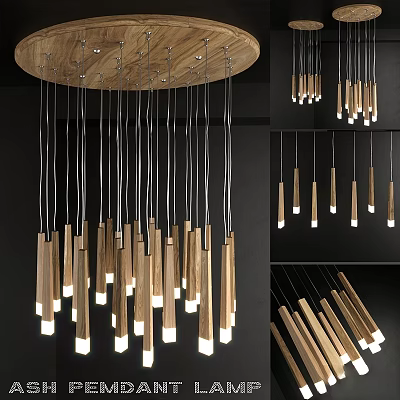 Modern Sleek Wooden Metal Chandelier With Multiple Hanging Pendant Lights For Interior Ceiling Decor 3d model