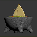 Cartoon Style Triangular Food In Gray Three Legged Pot With Green Base And Smiling Faces