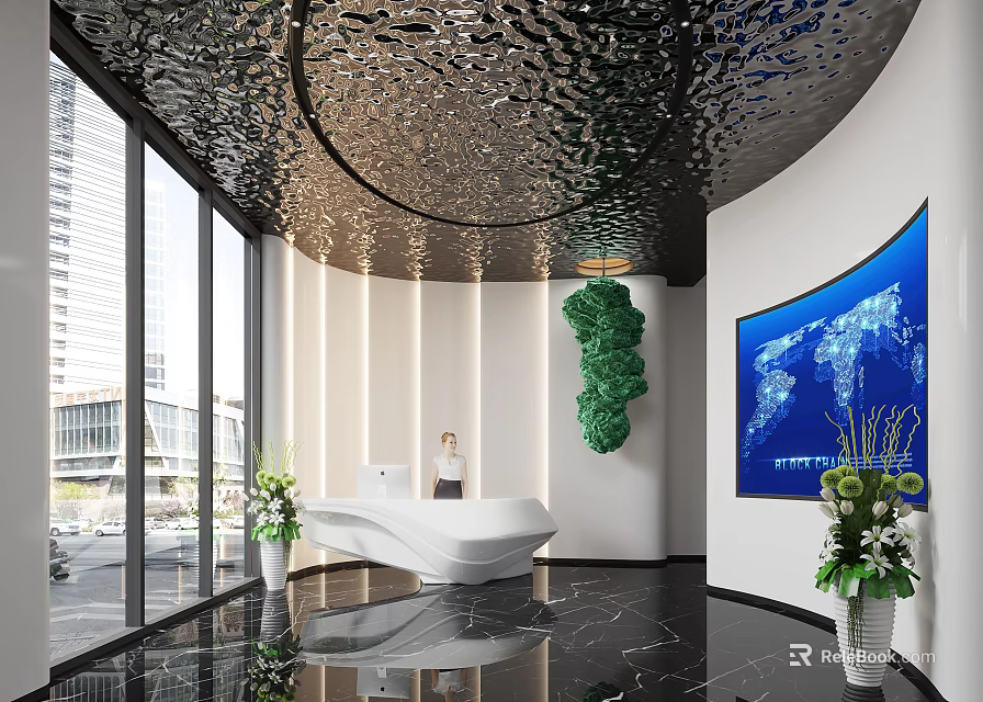 Modern Front Desk Reception With White Counter Black Textured Ceiling And Blue World Map Screen 3d model 