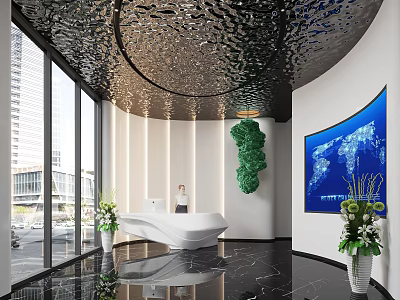 Modern Front Desk Reception With White Counter Black Textured Ceiling And Blue World Map Screen 3d model