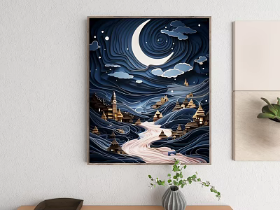 Abstract Painting Of Night Scene With Moon Clouds Village And River 3d model