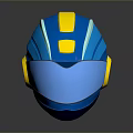Futuristic Weapon Helmet In Blue And Yellow With Sleek Design And Reflective Surface