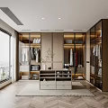 Modern Walk in Closet Interior Design With Open Closed Cabinets Hanging Clothes And Herringbone Flooring