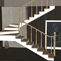 Staircase With Wooden Handrail White Steps In Modern Interior Decorative Painting And Green Plant