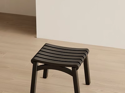 Modern Minimalist Black Wooden Leisure Chair With Slatted Seat On Light Wood Floor 3d model