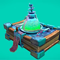 Fantasy Book With Green Glass Flask And Mechanical Parts On Teal Background