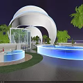 Futuristic Stunning Rooftop Night Lounge With Illuminated Pools Unique Domes And Lush Tropical Palm Plants