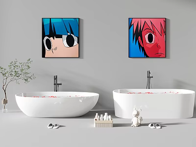 White Bathtubs With Red Petals And Paintings Above Green Plant And Bath Products 3d model