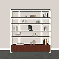 Modern Bookshelf With Glass Shelves Wooden Base And Decorative Books Sculptures