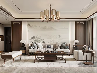 New Chinese Style Living Room TV Background Wall Sofa Background Wall Sofa Coffee Table Combination 3d model