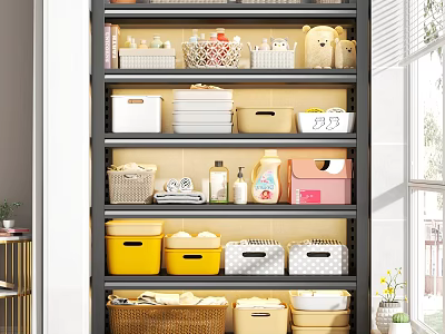 Multi Tiered Storage Shelf with Colorful Boxes Baskets and Daily Items for Home Organization 3d model