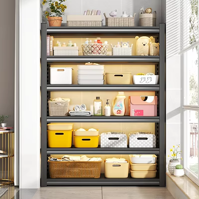 Multi Tiered Storage Shelf with Colorful Boxes Baskets and Daily Items for Home Organization 3d model