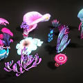 Vibrant Colorful Floral Plants With Pink Purple Blue And White Petals On Black Background