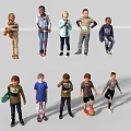 Group of Children in Different Poses with Toys Skateboard Soccer Ball and Drawing Board