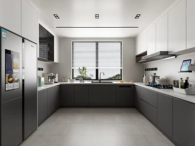 Modern Kitchen Interior With White Grey Cabinets Stainless Steel Appliances Window Blinds Sink And Faucet 3d model