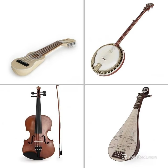 Traditional and Modern Musical Instruments Collection Including Ukulele Banjo Violin Pipa 3d model 